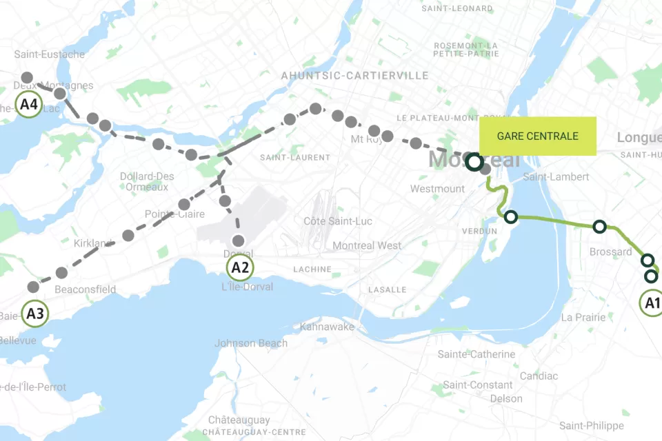 A map of the Réseau Express Métropolitain where it cuts across the Montreal region.
